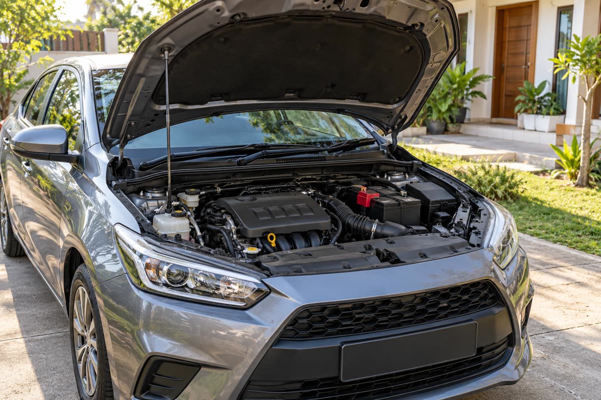 Kap mesin mobil terbuka untuk memeriksa aki