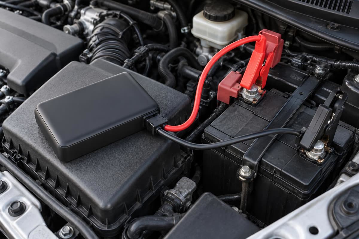 Jump starter portabel terhubung ke aki mobil