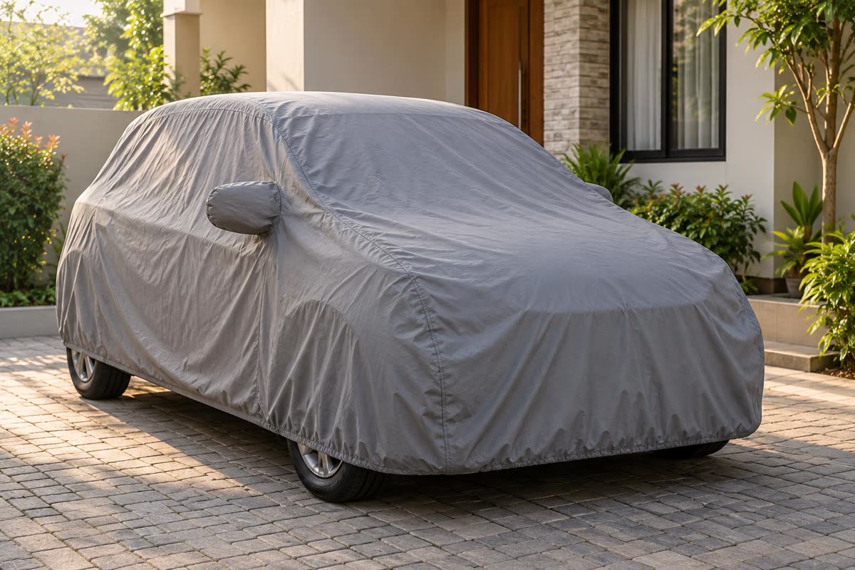 Mobil terparkir dengan cover mobil