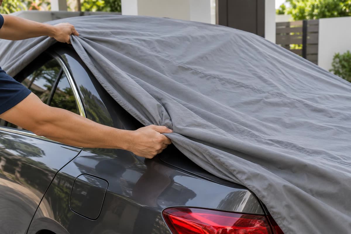 Memasang cover mobil dari atap ke belakang