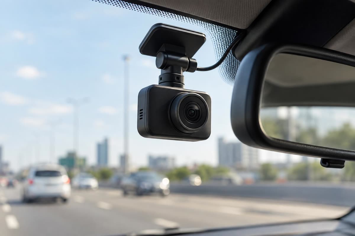 Dash cam terpasang di kaca depan mobil