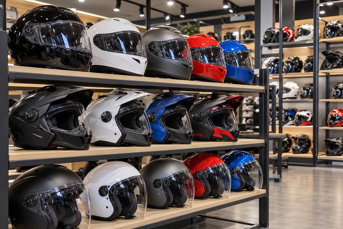 Pilihan helm motor di rak toko