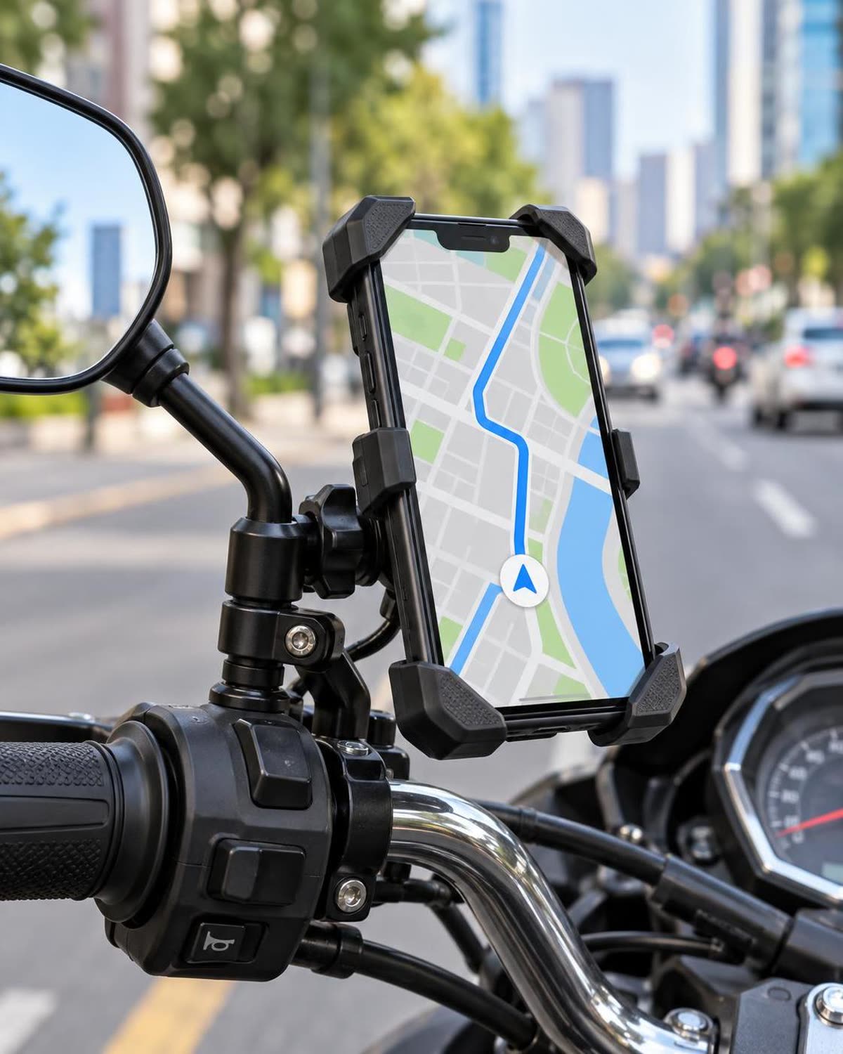 Holder HP terpasang di motor untuk navigasi