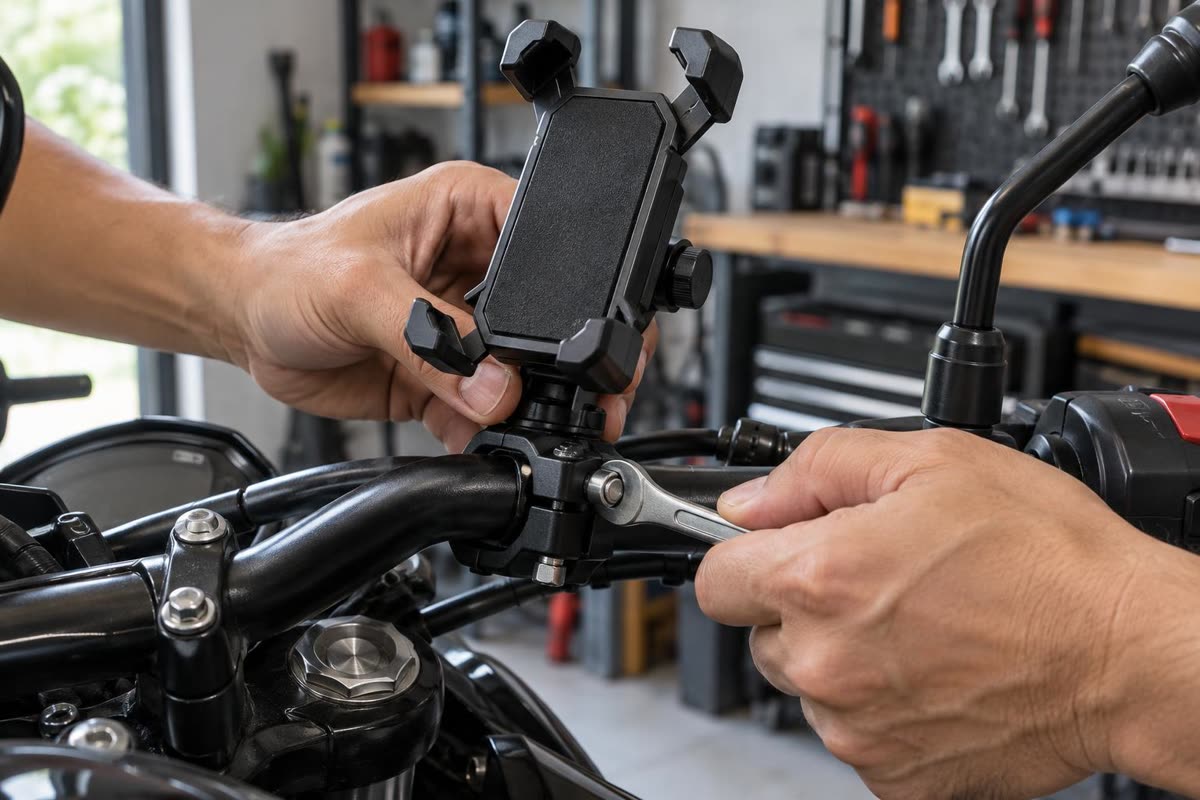 Memasang braket holder HP ke stang motor