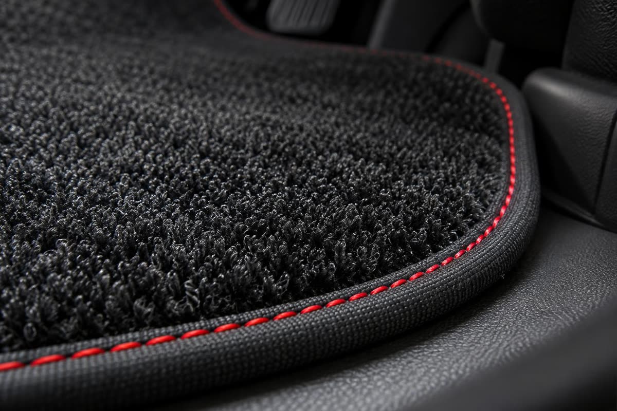 Detail tekstur dan jahitan karpet mobil
