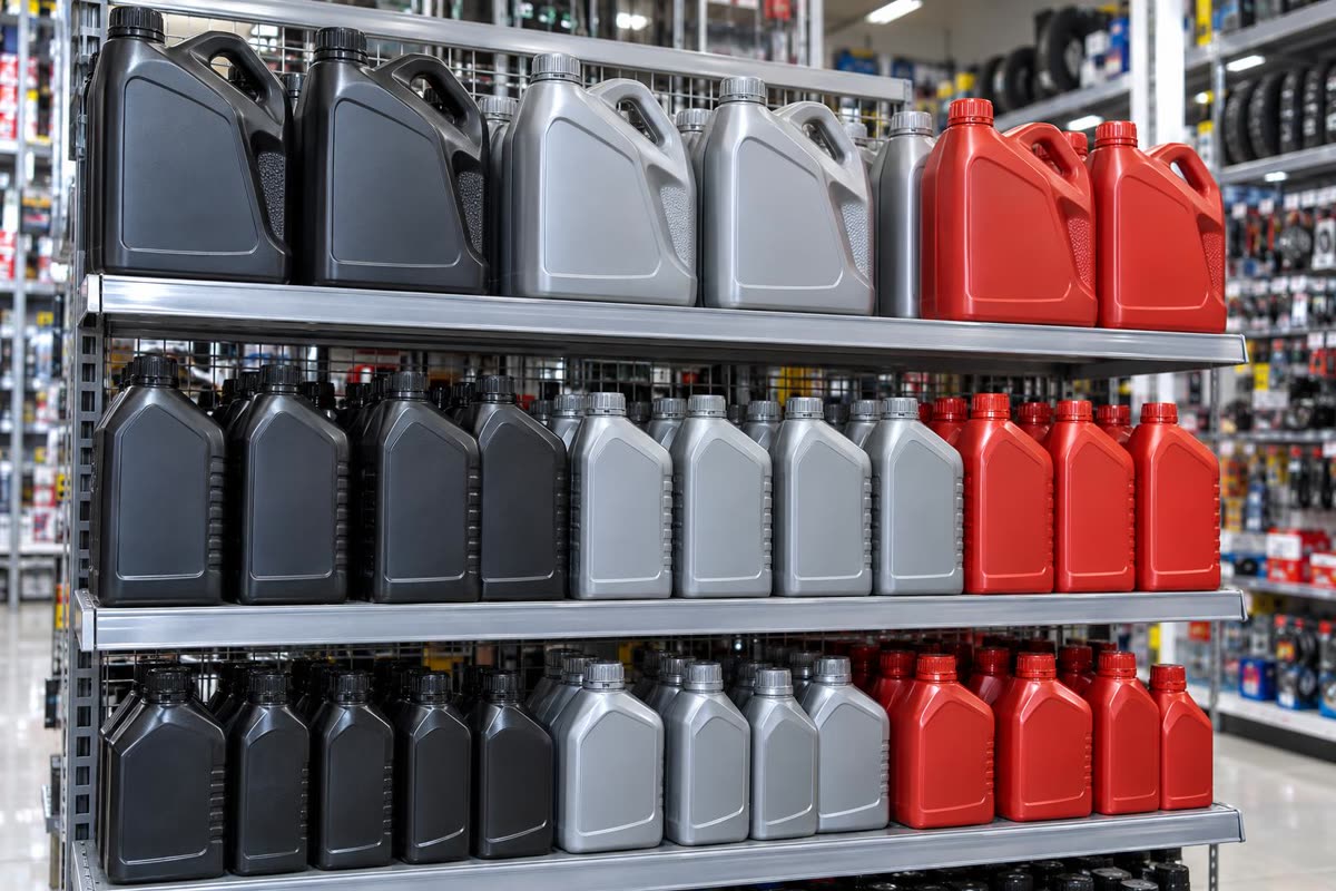 Berbagai botol oli motor di rak toko suku cadang