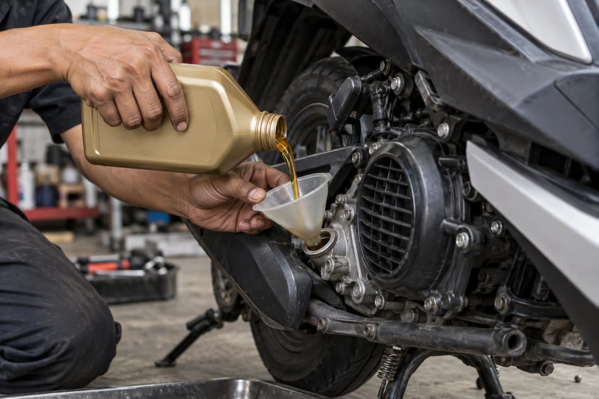 Menuang oli ke mesin motor matic dengan corong