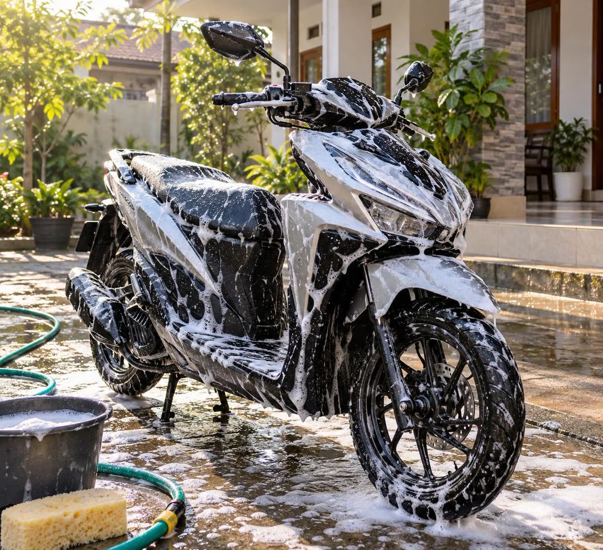 Motor sedang dicuci dengan busa sabun di halaman rumah