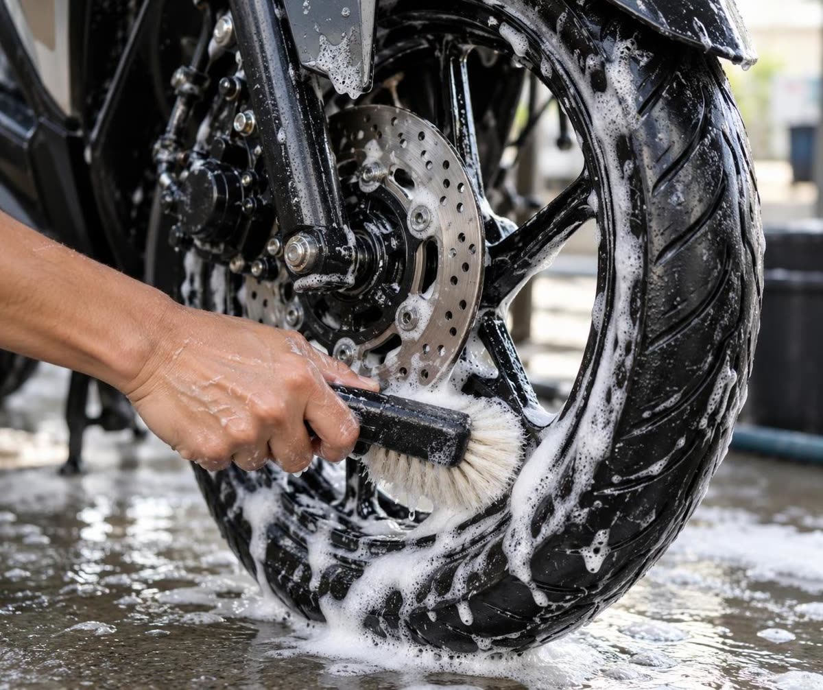 Menyikat pelek motor dengan sikat lembut