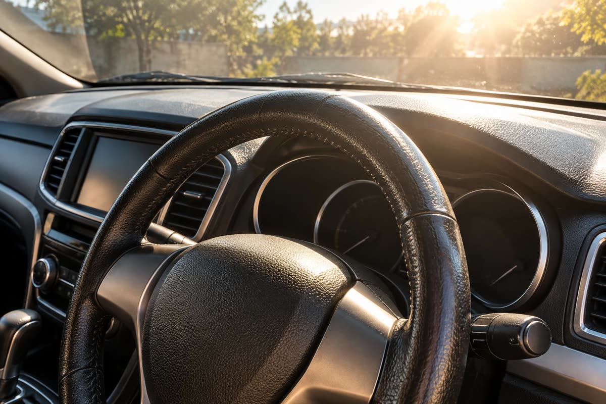 Dashboard dan setir mobil terkena sinar matahari langsung