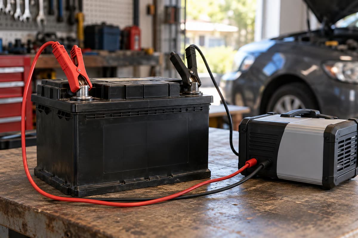 Charger aki terpasang pada terminal aki mobil