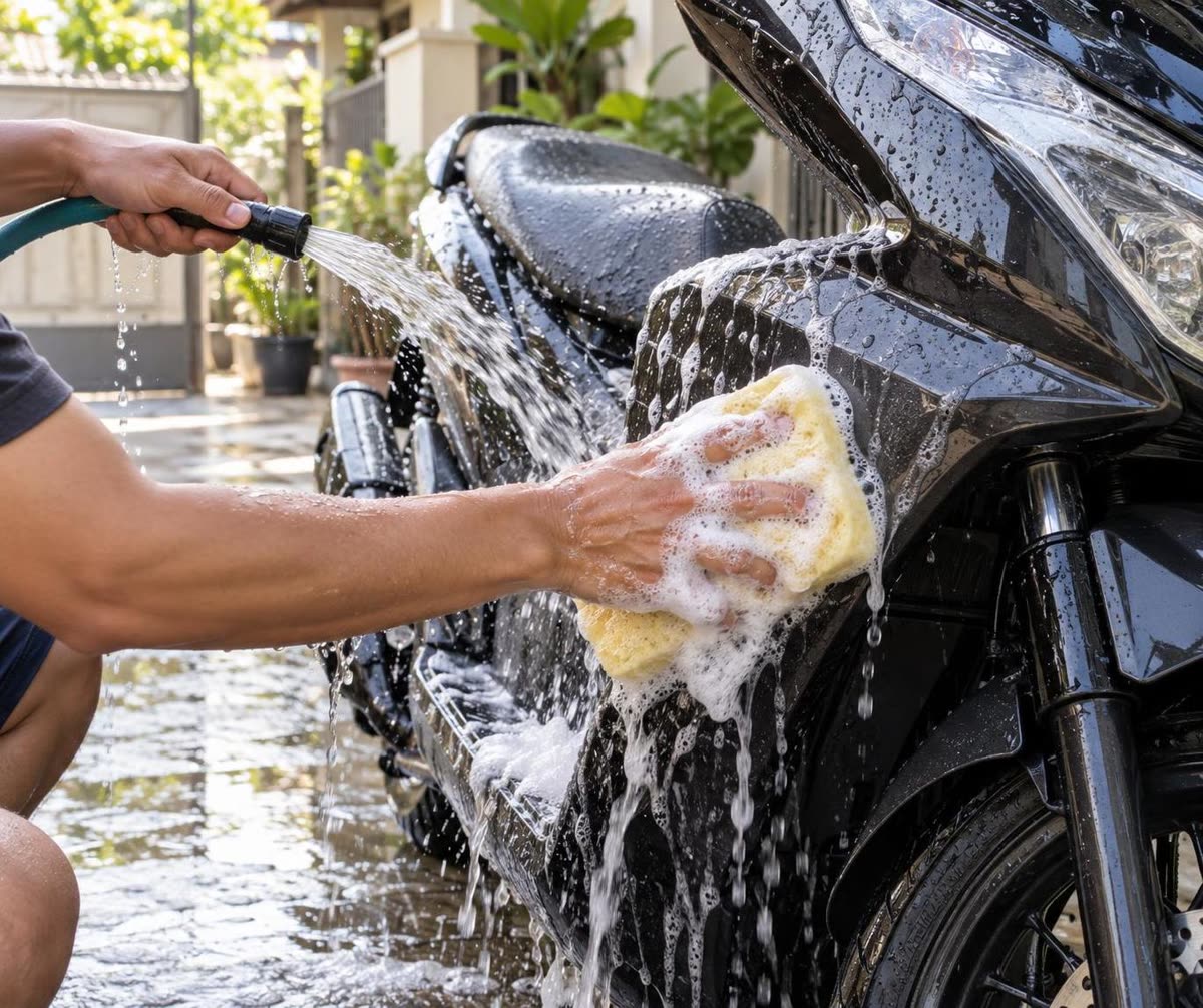 Proses mencuci body motor dengan spons dan busa sabun