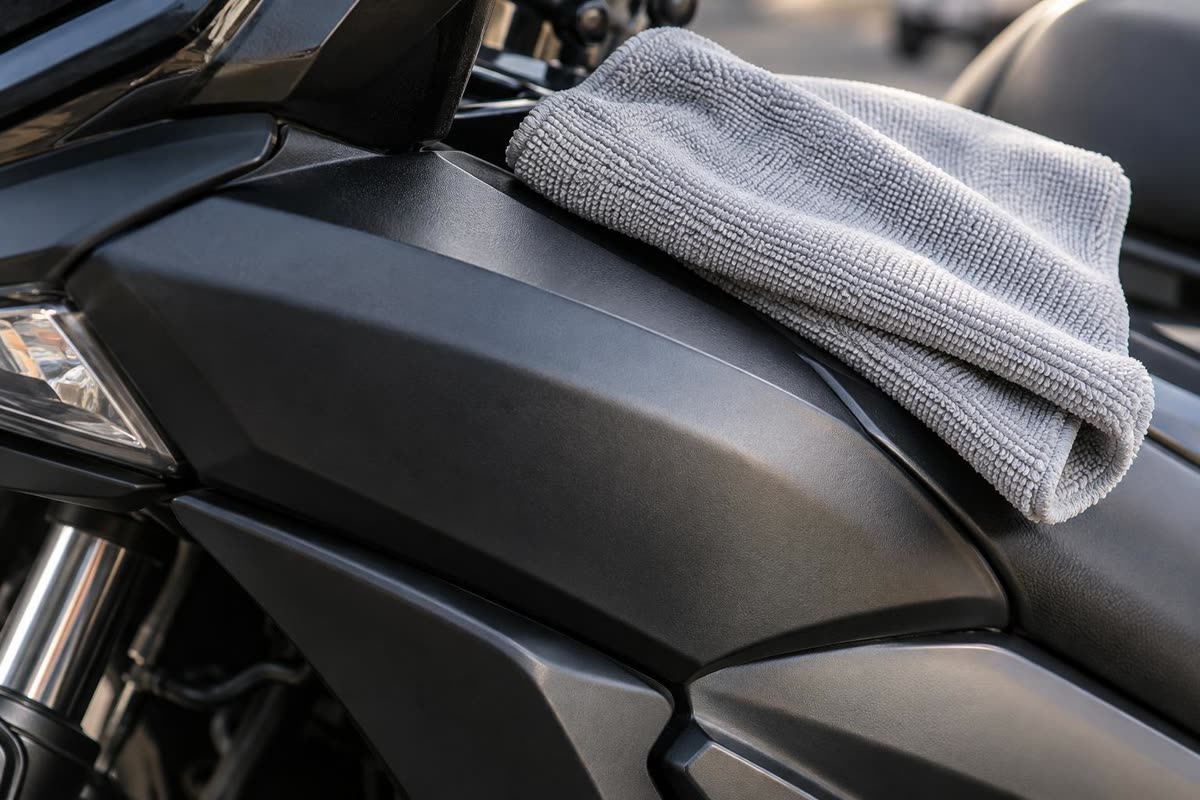 Detail plastik hitam motor yang terawat dengan kain lap