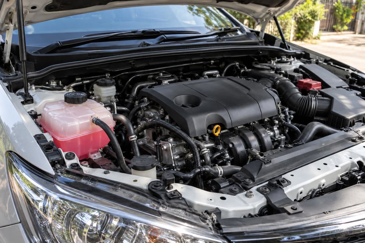 Tangki cadangan coolant di ruang mesin mobil