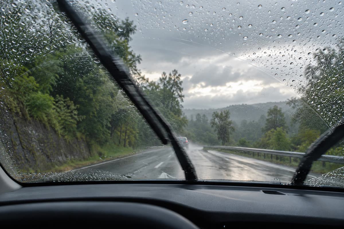 Wiper mobil bekerja di kaca depan saat hujan