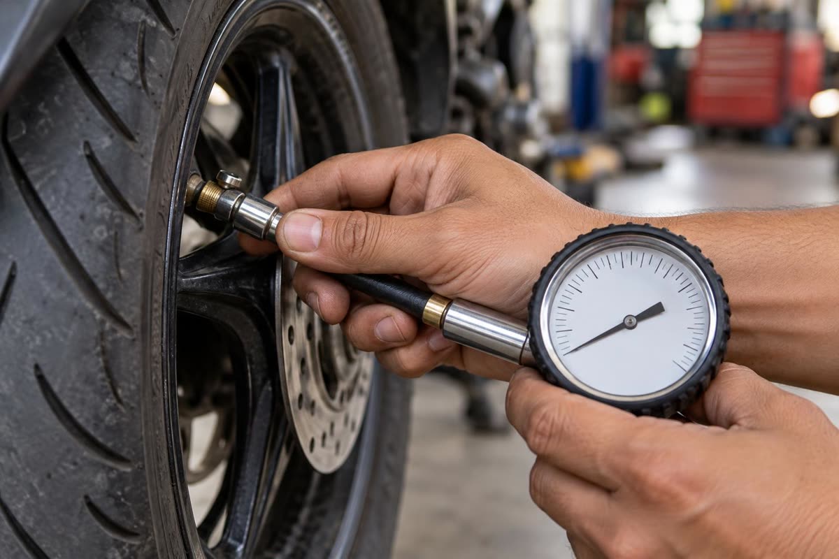 Mengecek tekanan angin ban motor