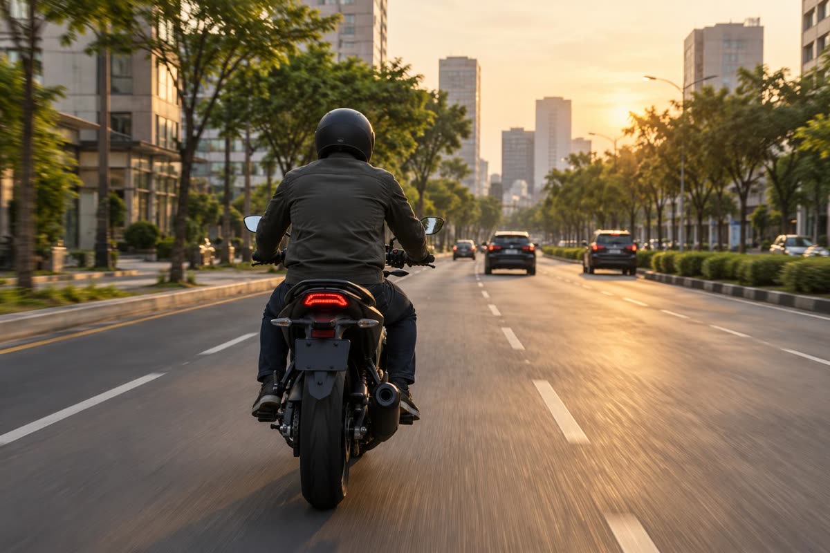 Pengendara motor berkendara halus di jalan kota