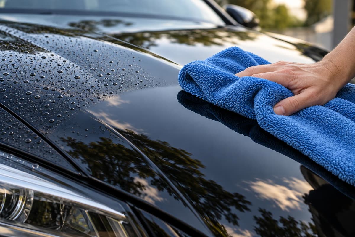 Mengeringkan kap mobil dengan kain mikrofiber