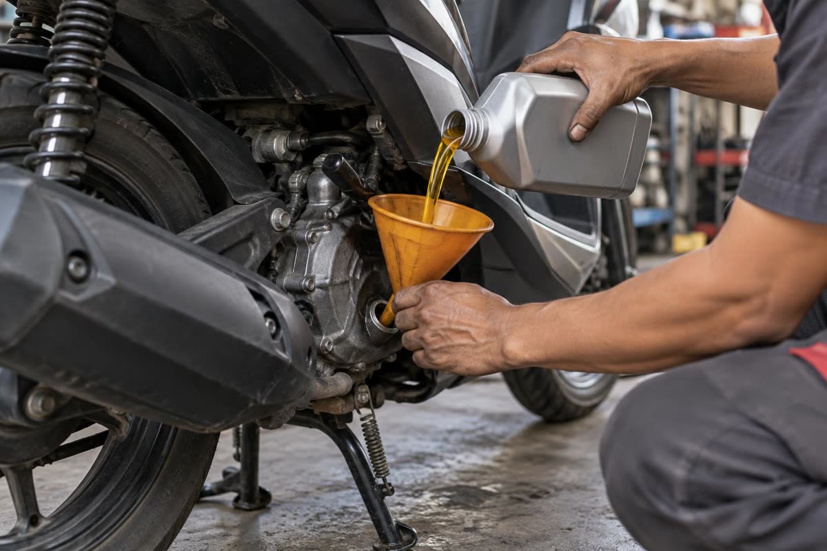 Menuang oli baru ke mesin motor matic