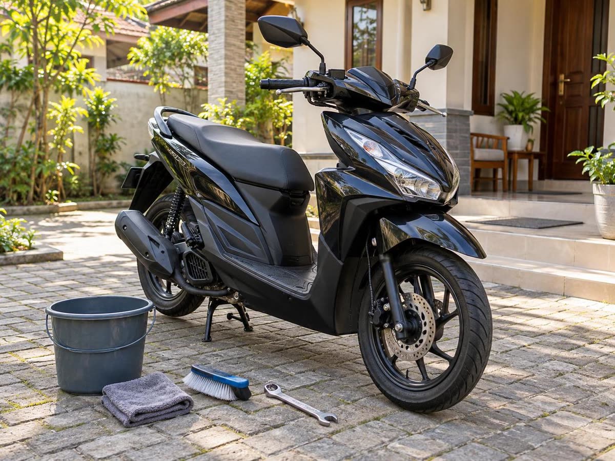 Perlengkapan perawatan motor sederhana di halaman rumah