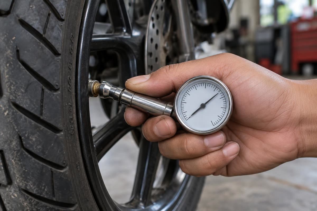 Memeriksa tekanan angin ban motor dengan alat ukur
