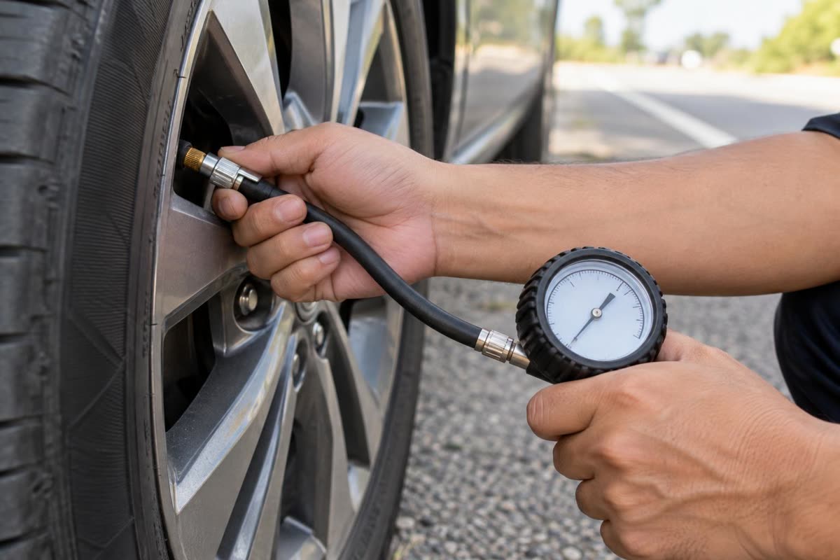 Memeriksa tekanan angin ban mobil dengan alat ukur