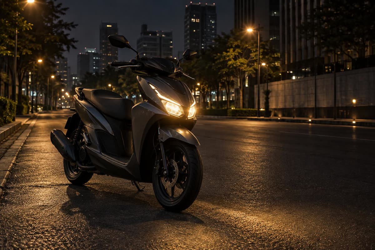 Lampu depan motor menyala redup di malam hari
