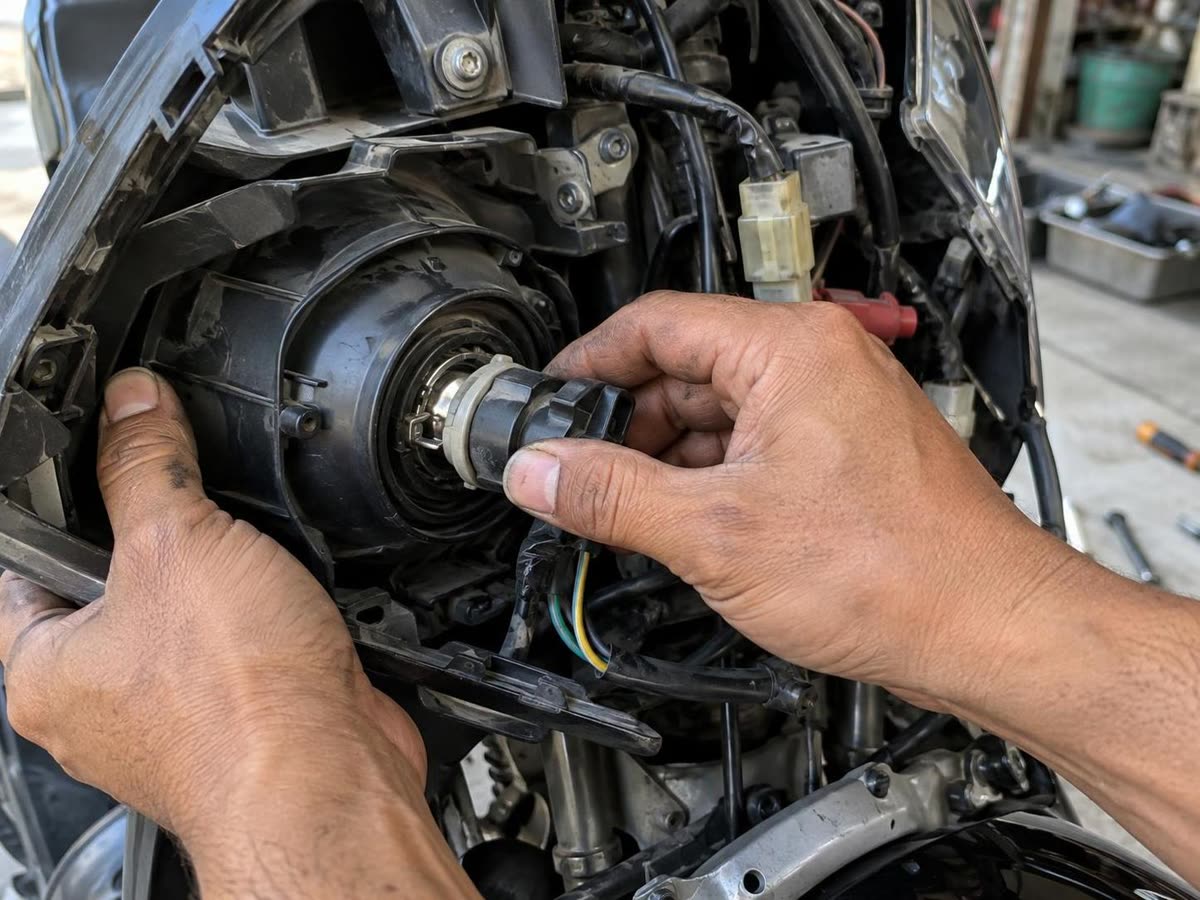 Memeriksa soket dan konektor bohlam lampu depan motor