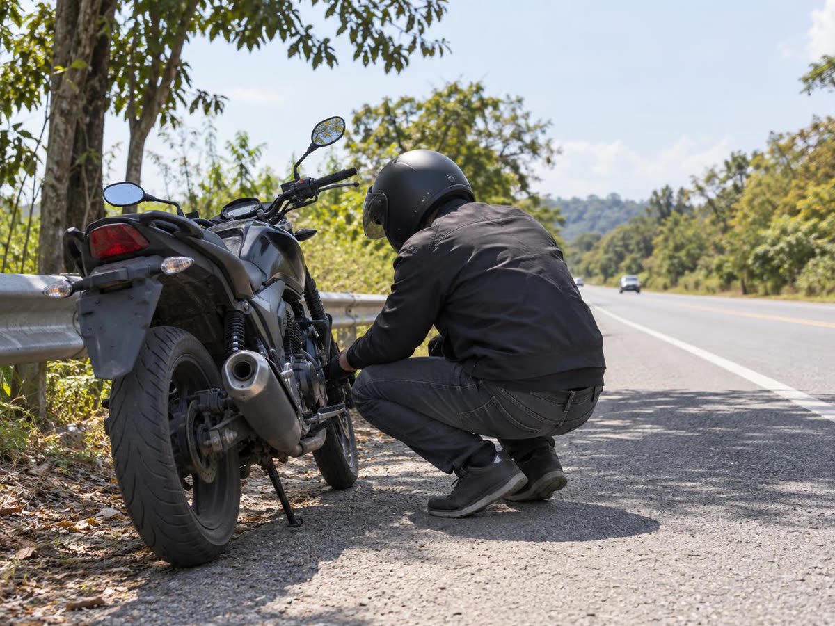 Pengendara memeriksa motor yang brebet di pinggir jalan