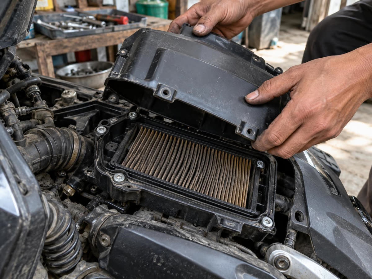 Membuka rumah filter udara motor