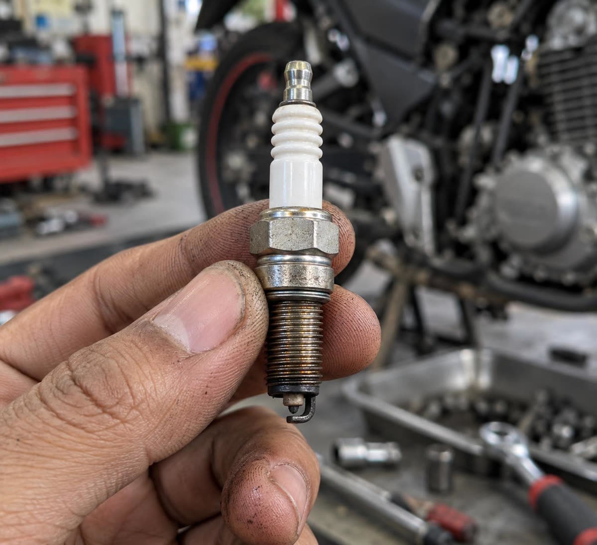 Busi motor yang dilepas untuk diperiksa