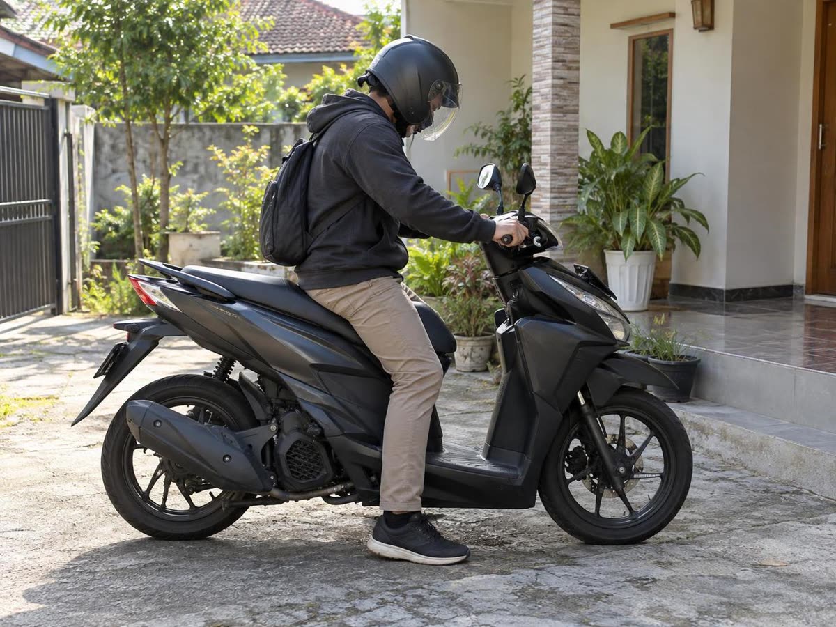 Pengendara mencoba menyalakan motor di pagi hari