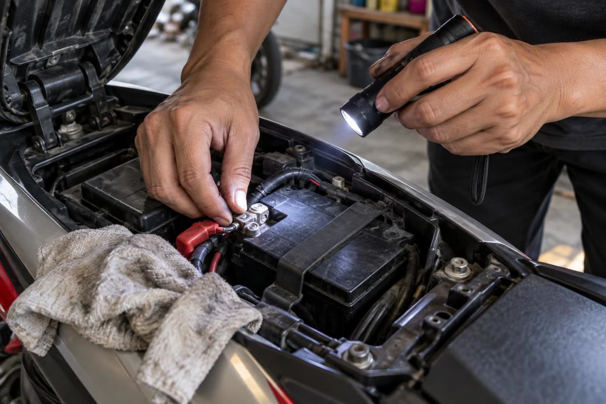 Memeriksa terminal aki motor di bawah jok