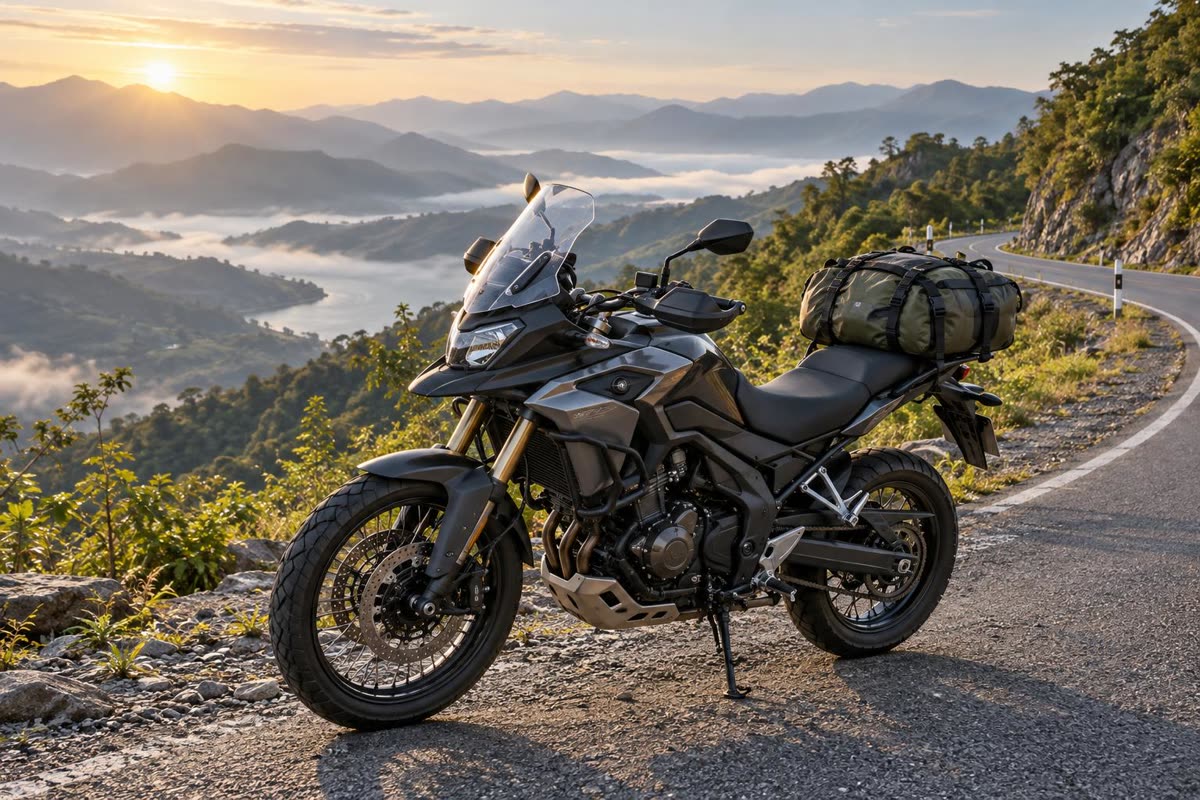 Motor touring dengan barang bawaan di jalan pegunungan