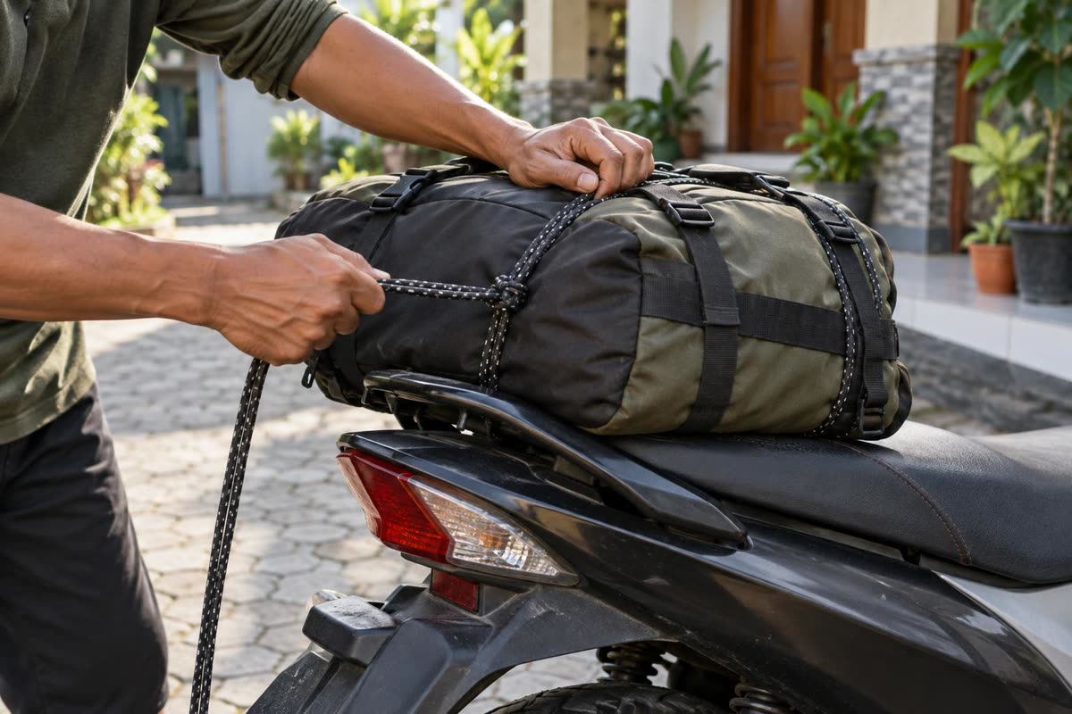 Mengikat barang bawaan di boncengan motor