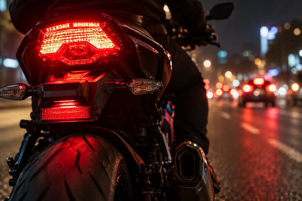 Lampu belakang motor menyala di malam hari