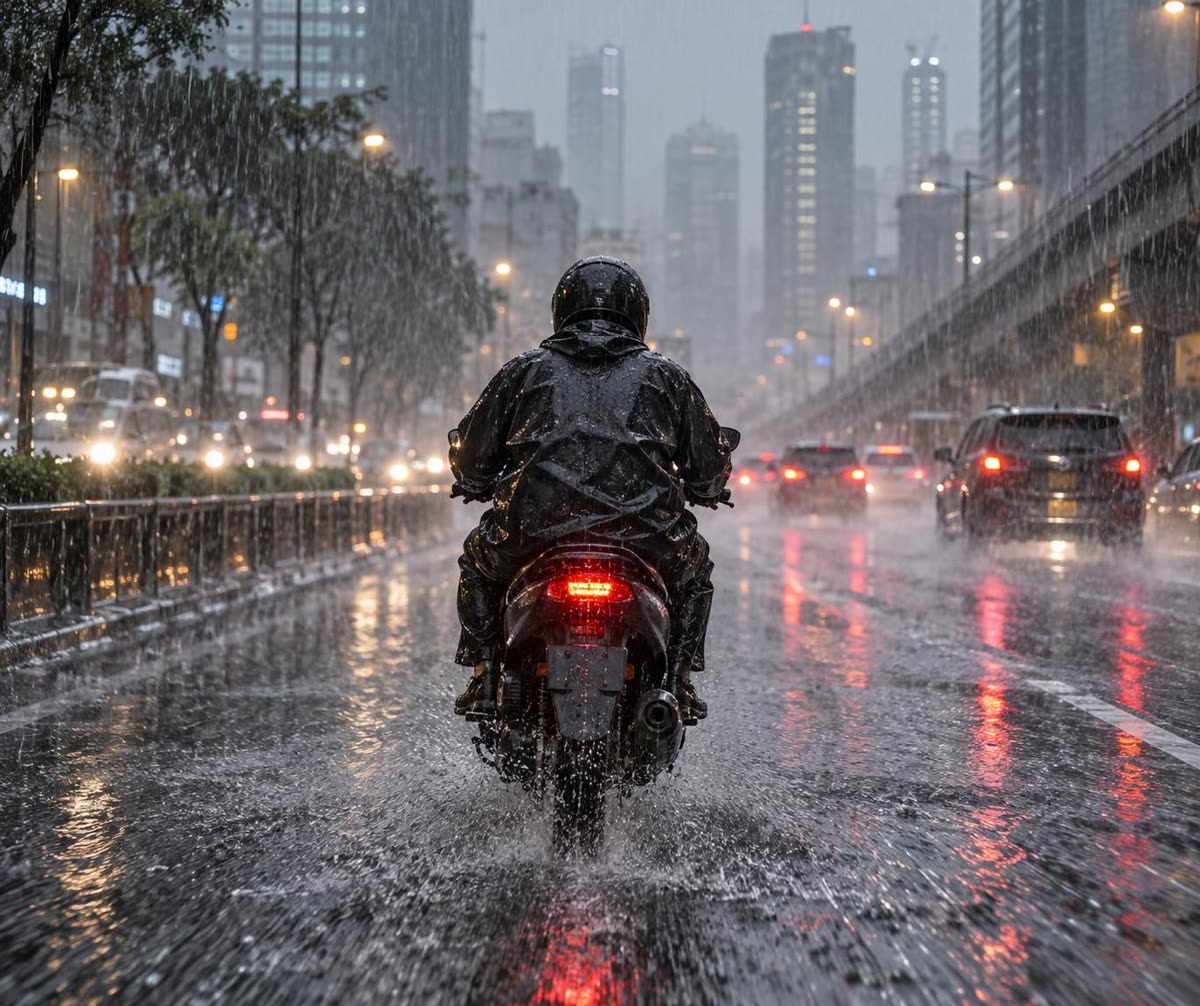 Pengendara motor berjas hujan melaju di jalan basah