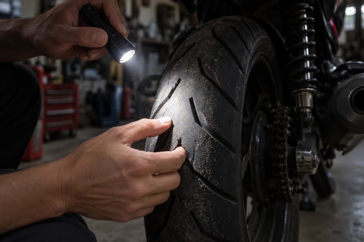 Memeriksa alur ban motor sebelum musim hujan