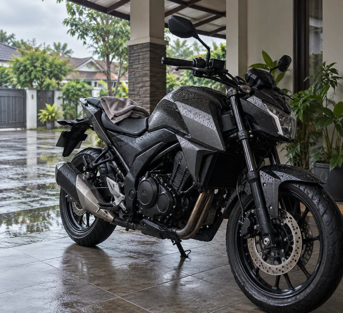 Motor terparkir di bawah atap sesudah kehujanan