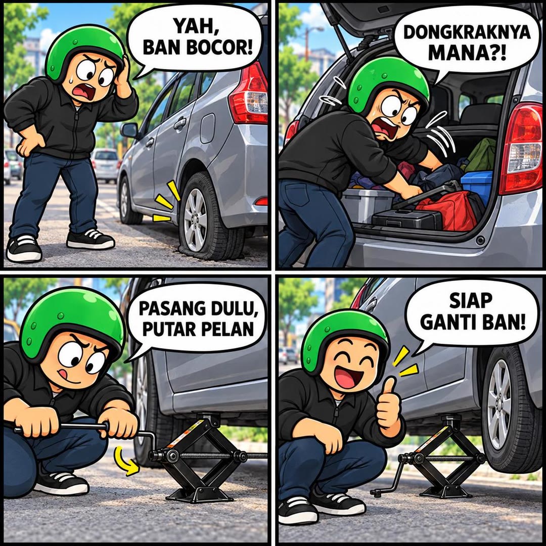 Komik singkat tentang Dongkrak Gunting Mobil 1/2/3 Ton
