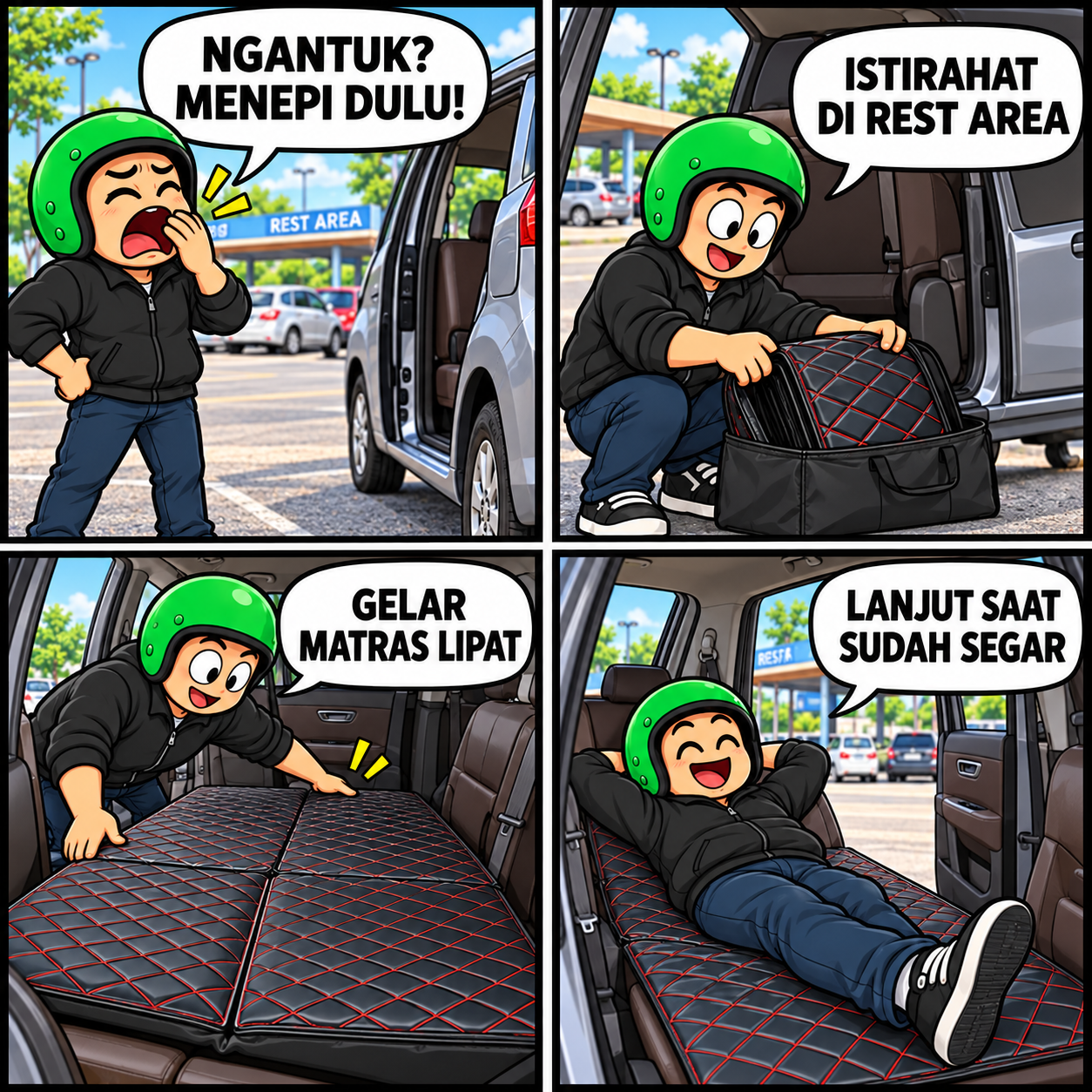 Komik singkat tentang Matras Mobil SOARFLY Lipat